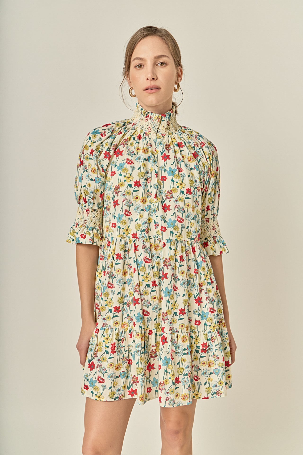 Smocked High Neck Puff Sleeve Mini Dress