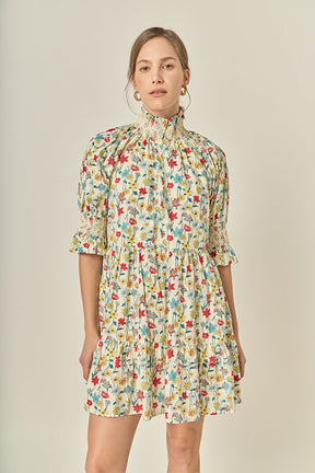 Smocked High Neck Puff Sleeve Mini Dress