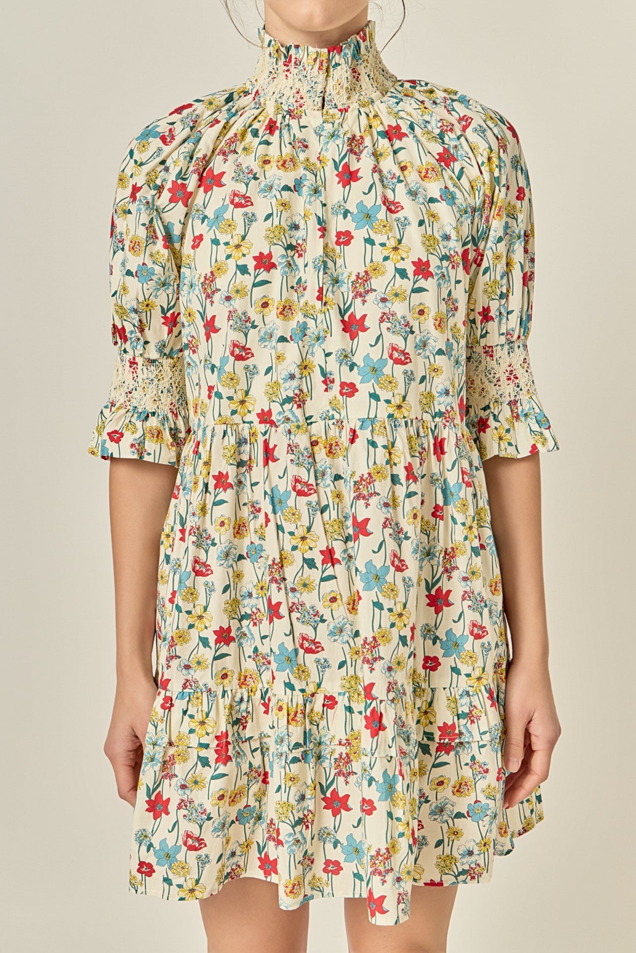 Smocked High Neck Puff Sleeve Mini Dress