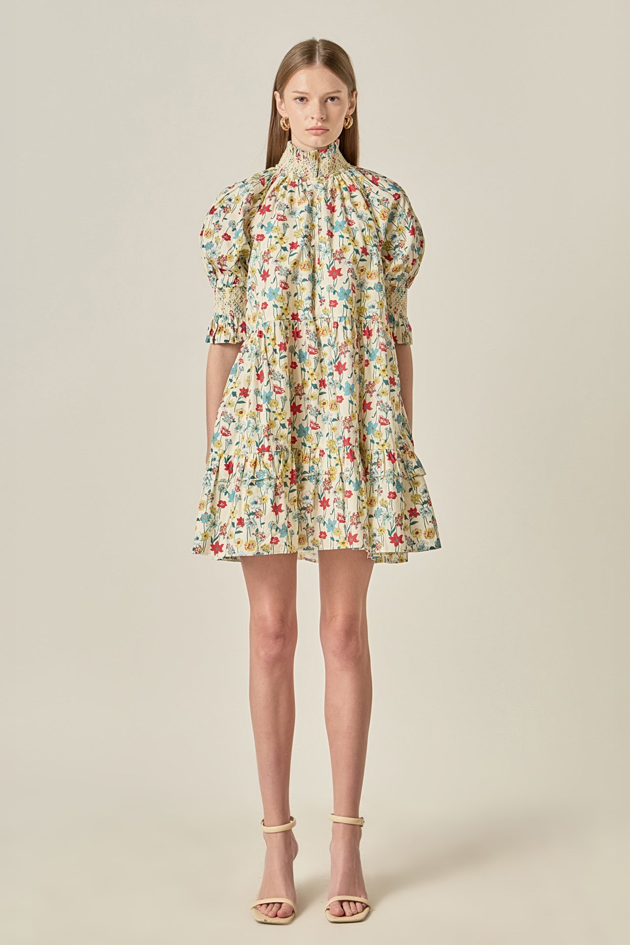 Smocked High Neck Puff Sleeve Mini Dress