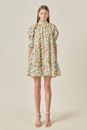 Smocked High Neck Puff Sleeve Mini Dress