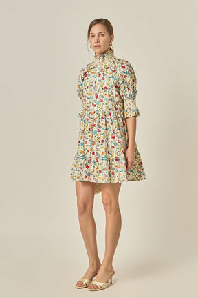 Smocked High Neck Puff Sleeve Mini Dress