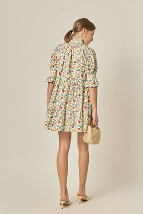 Smocked High Neck Puff Sleeve Mini Dress