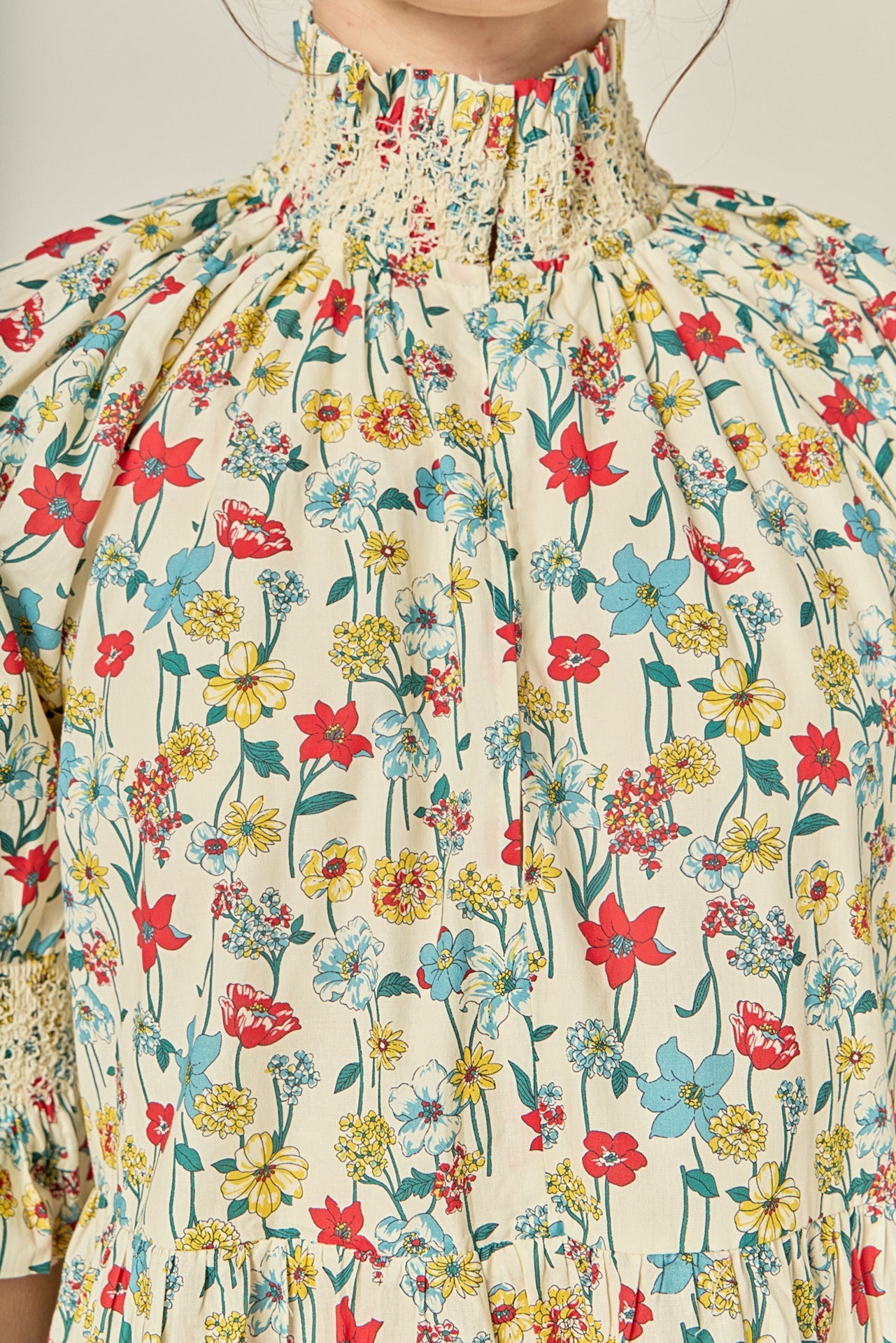 Smocked High Neck Puff Sleeve Mini Dress