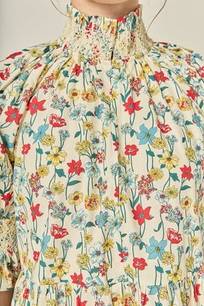 Smocked High Neck Puff Sleeve Mini Dress