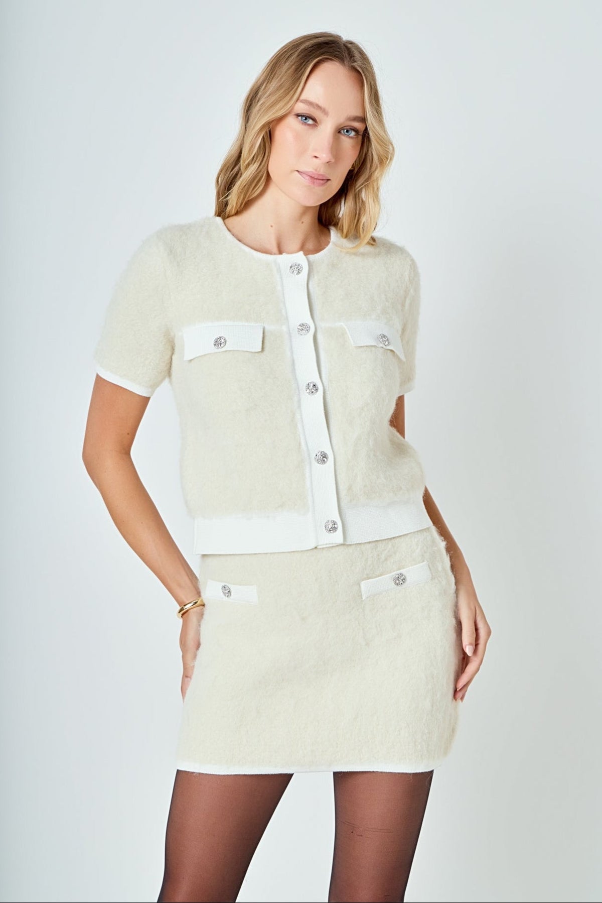 ENDLESS ROSE - Round Neck Short Sleeve Cardigan Sweater - SWEATERS & KNITS available at Objectrare