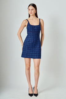 Knit Trimmed Tweed Mini Dress