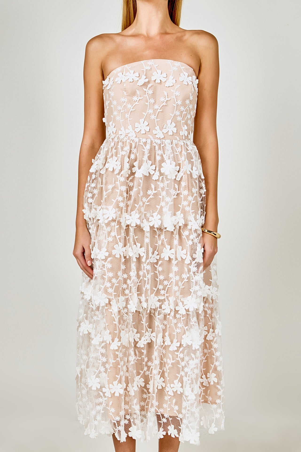 ENDLESS ROSE - Strapless Crochet Layered Midi Dress - DRESSES available at Objectrare