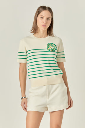 Striped Knit Sweater with Flower Applique
