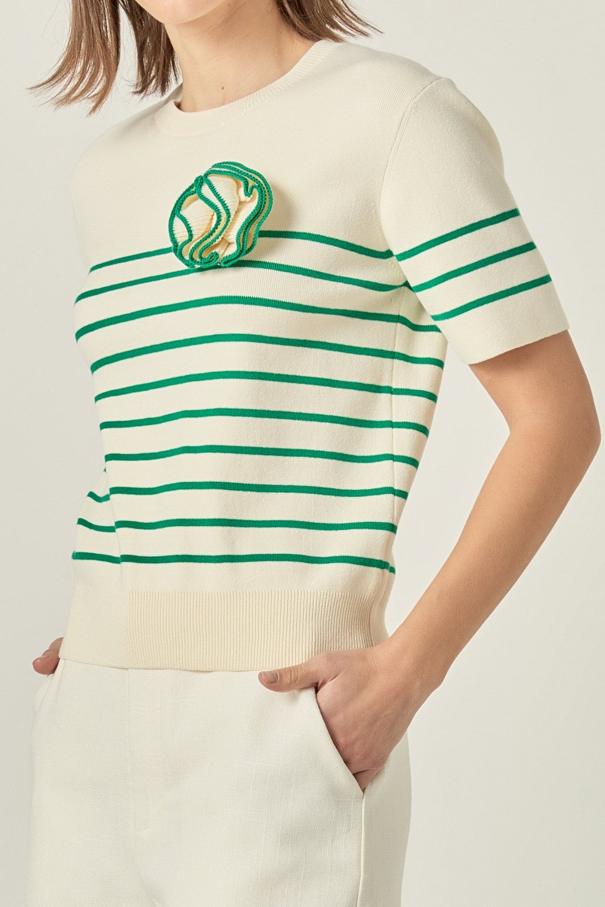Striped Knit Sweater with Flower Applique