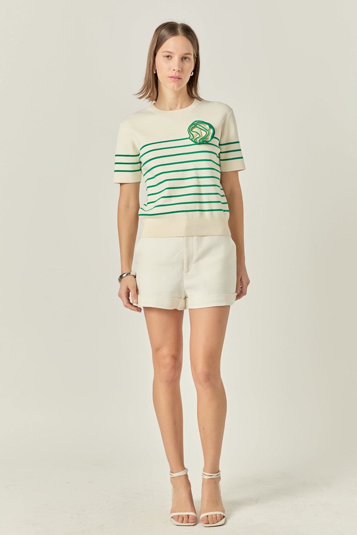 Striped Knit Sweater with Flower Applique