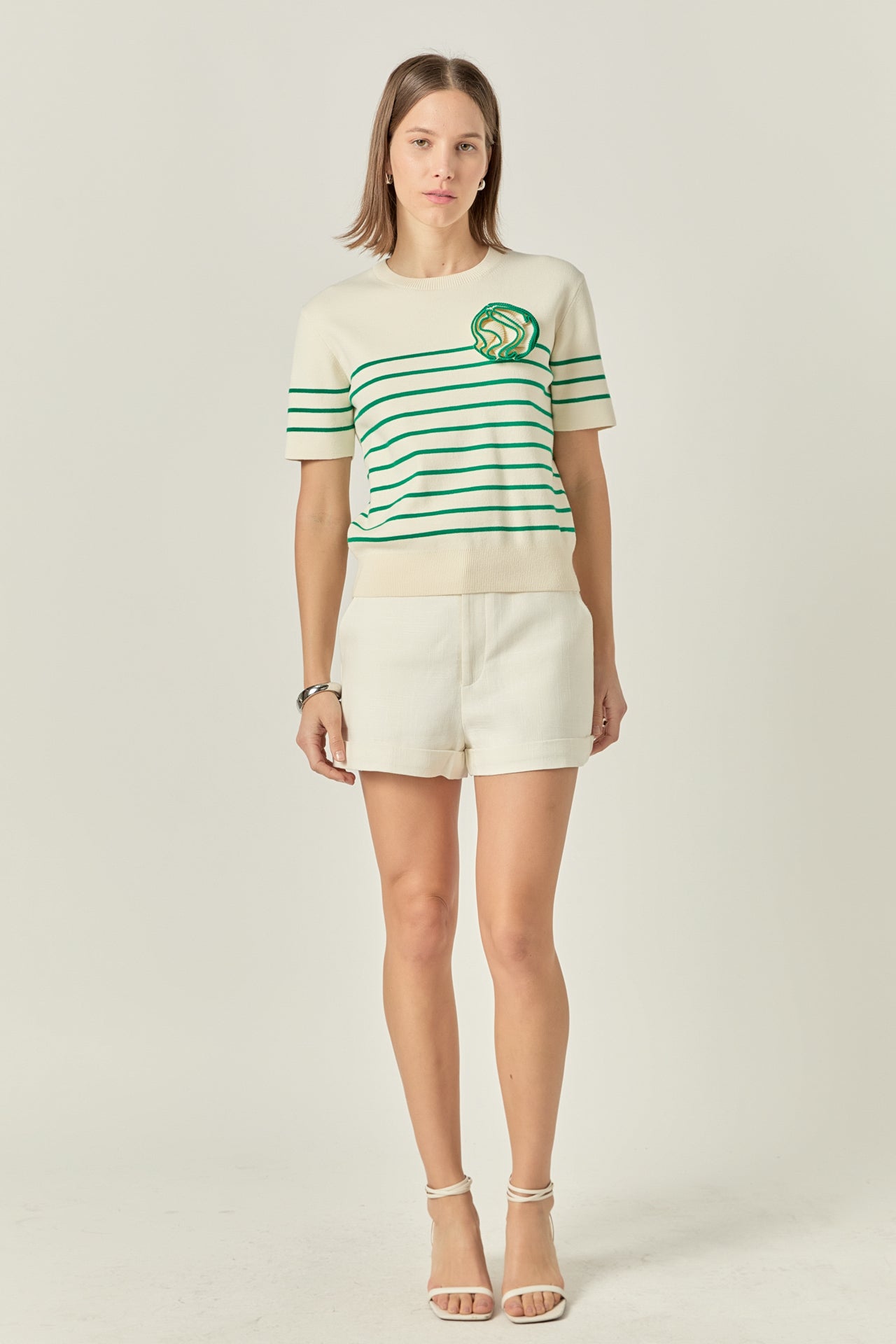 Striped Knit Sweater with Flower Applique