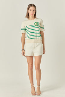 Striped Knit Sweater with Flower Applique