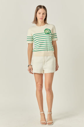 Striped Knit Sweater with Flower Applique