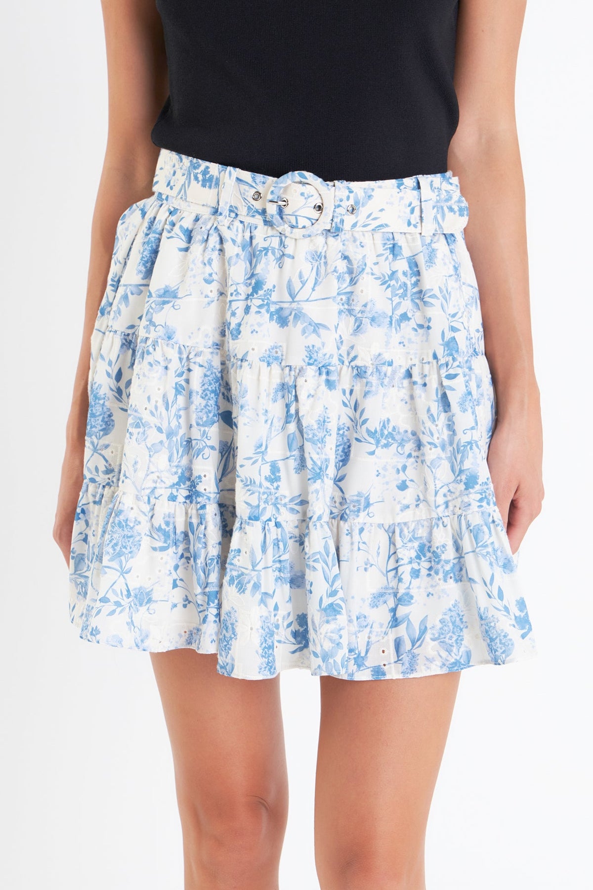ENGLISH FACTORY - Digital Print Belted Tiered Mini Skirt - SKIRTS available at Objectrare