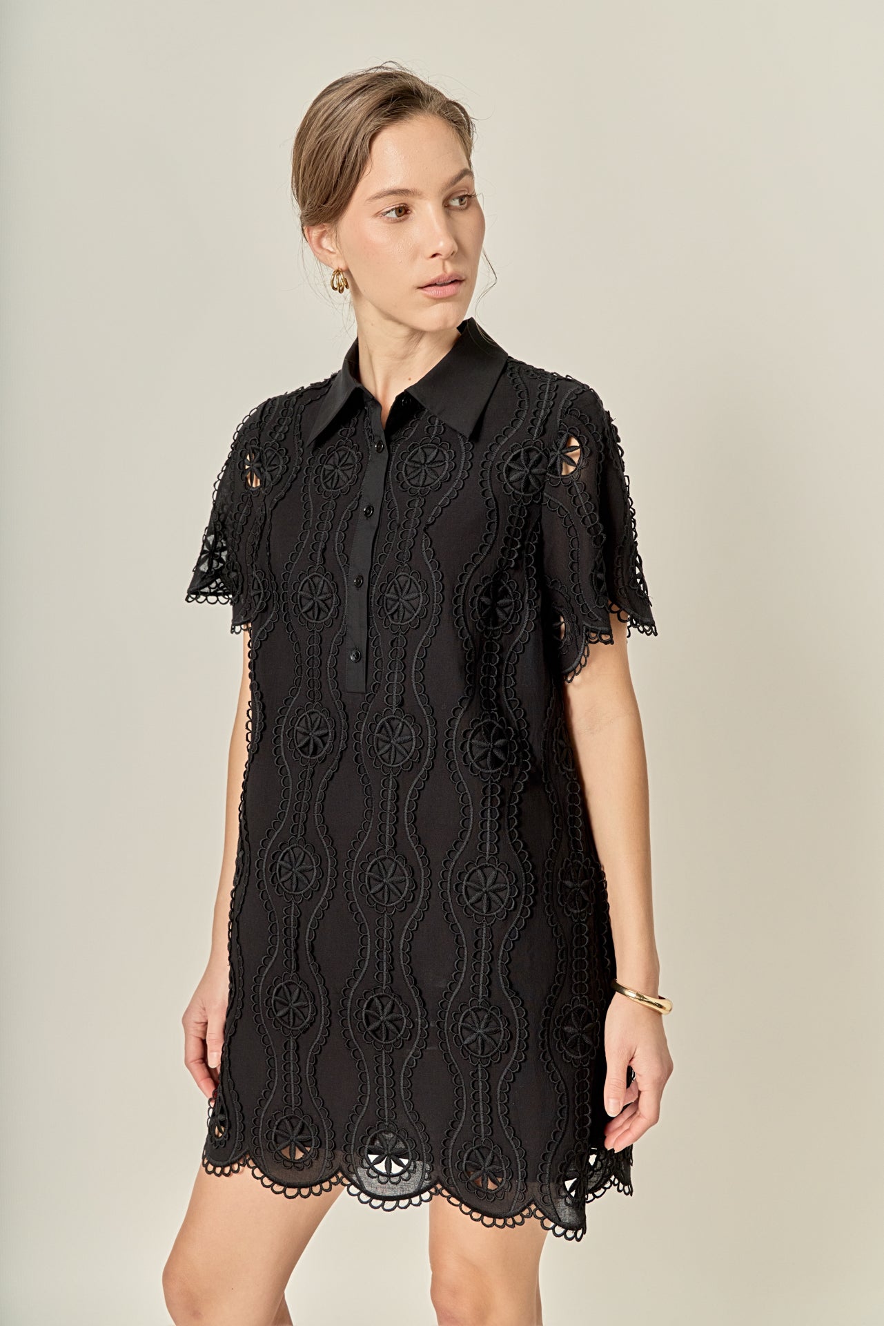 ENGLISH FACTORY - Scallop Embroidered Cotton Mini Shirt Dress - DRESSES available at Objectrare