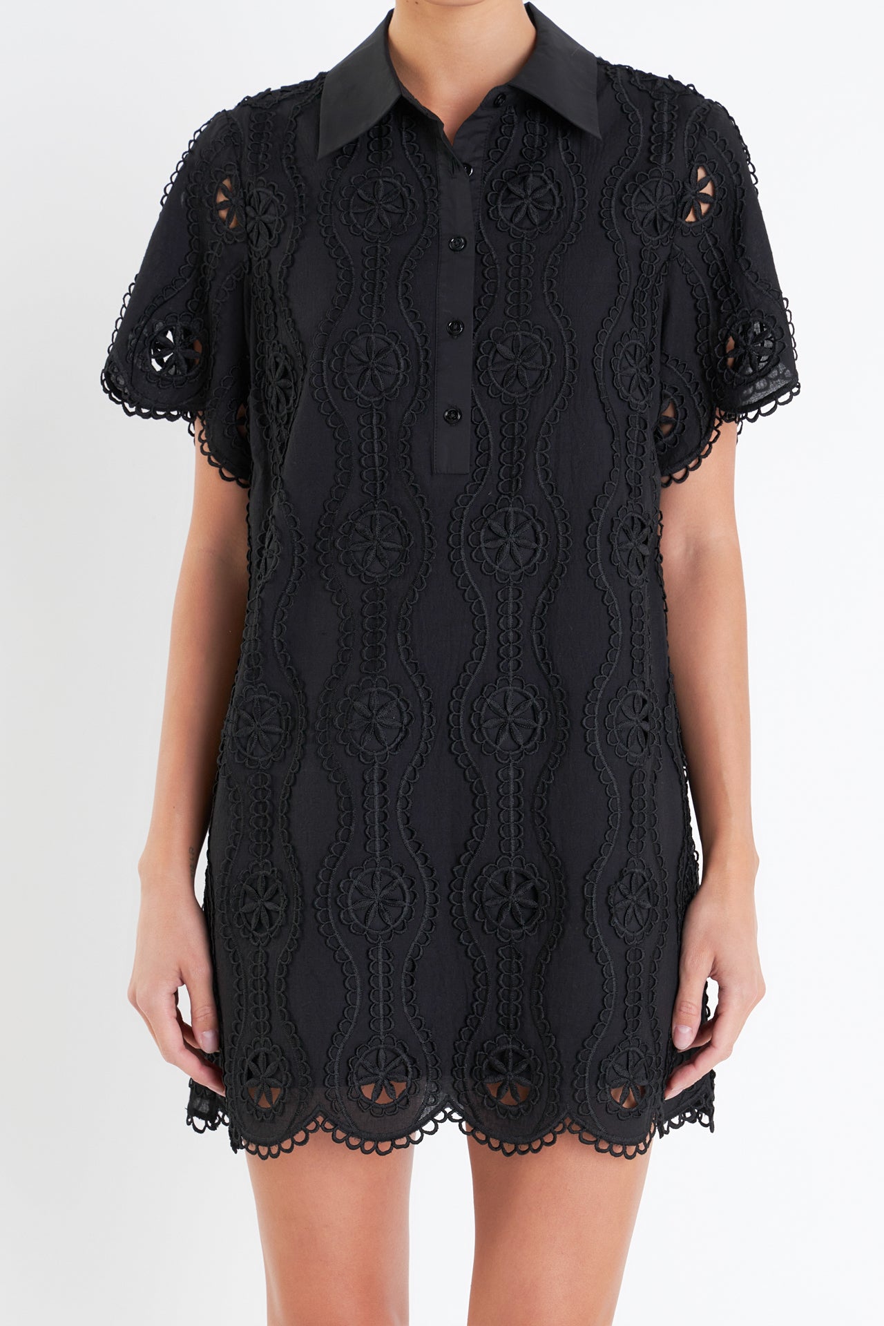 Scallop Embroidered Cotton Mini Shirt Dress