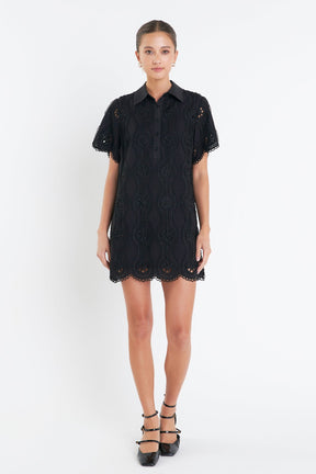 Scallop Embroidered Cotton Mini Shirt Dress