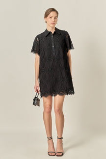 ENGLISH FACTORY - Scallop Embroidered Cotton Mini Shirt Dress - DRESSES available at Objectrare