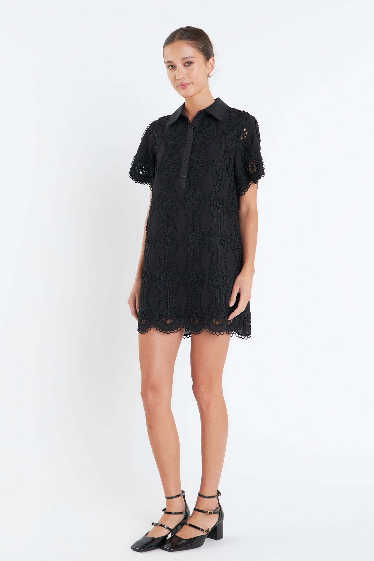 Scallop Embroidered Cotton Mini Shirt Dress