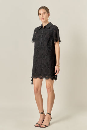 ENGLISH FACTORY - Scallop Embroidered Cotton Mini Shirt Dress - DRESSES available at Objectrare