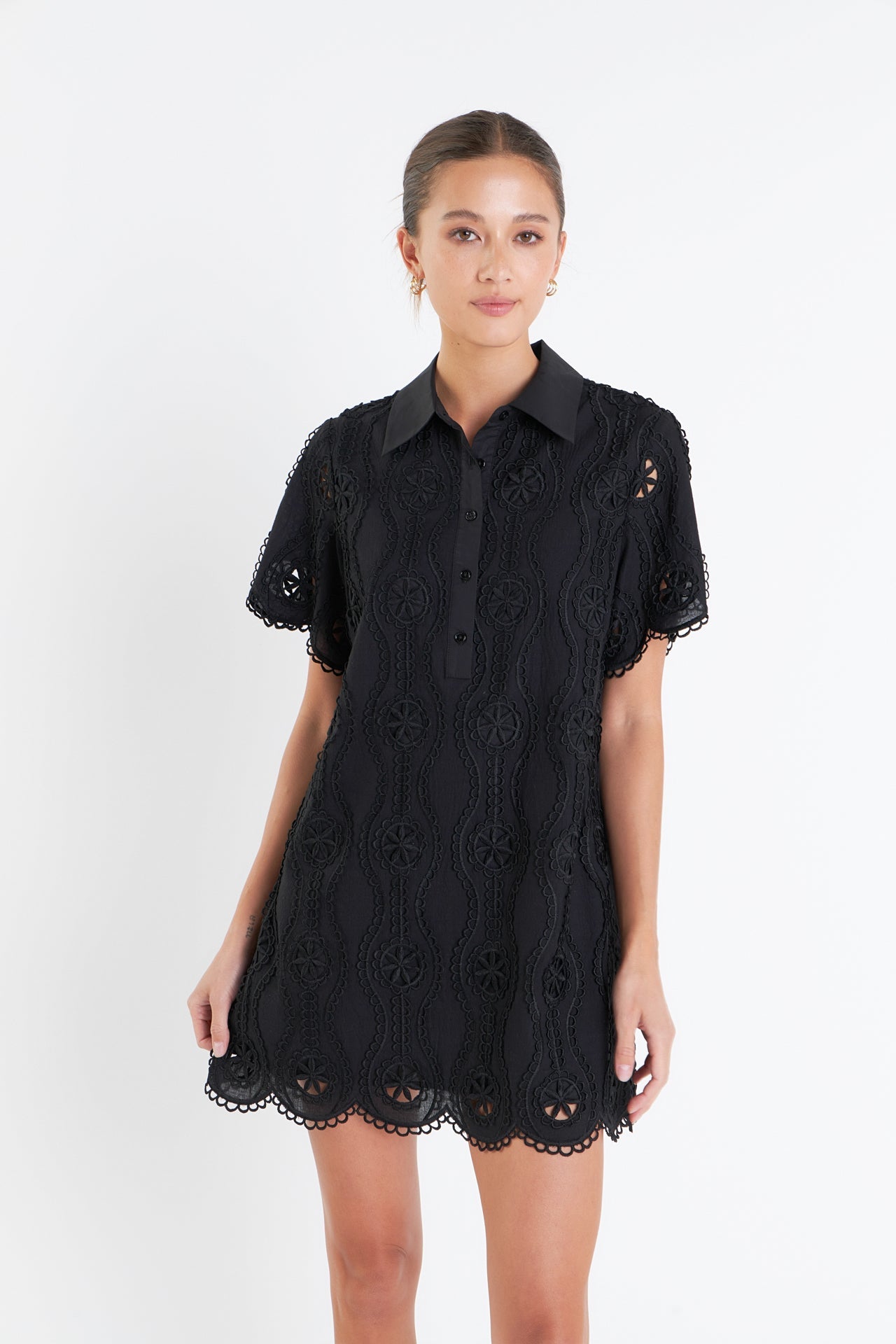 ENGLISH FACTORY - English Factory - Scallop Embroidered Cotton Mini Shirt Dress - DRESSES available at Objectrare