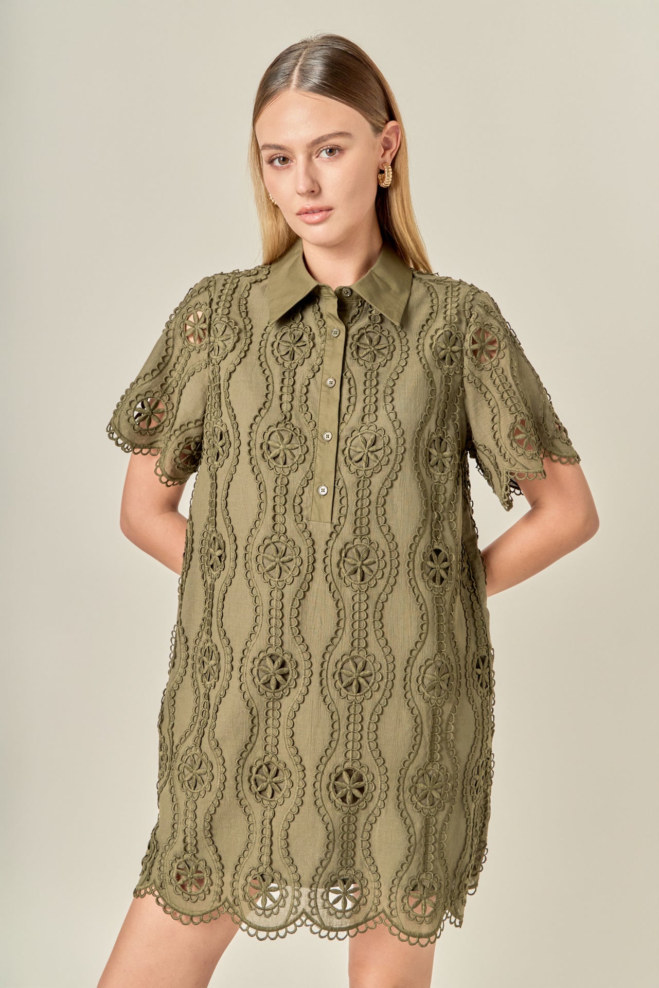 ENGLISH FACTORY - Scallop Embroidered Cotton Mini Shirt Dress - DRESSES available at Objectrare