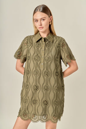 ENGLISH FACTORY - Scallop Embroidered Cotton Mini Shirt Dress - DRESSES available at Objectrare