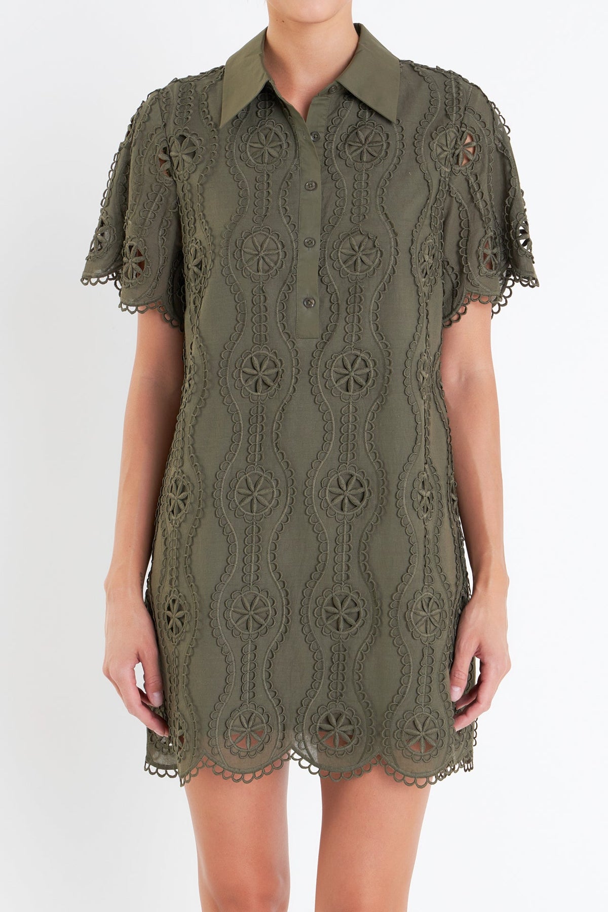 Scallop Embroidered Cotton Mini Shirt Dress