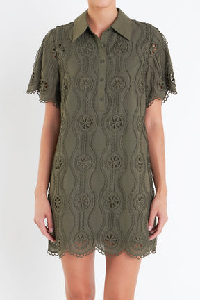Scallop Embroidered Cotton Mini Shirt Dress