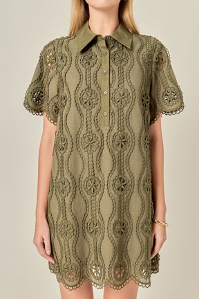 ENGLISH FACTORY - Scallop Embroidered Cotton Mini Shirt Dress - DRESSES available at Objectrare