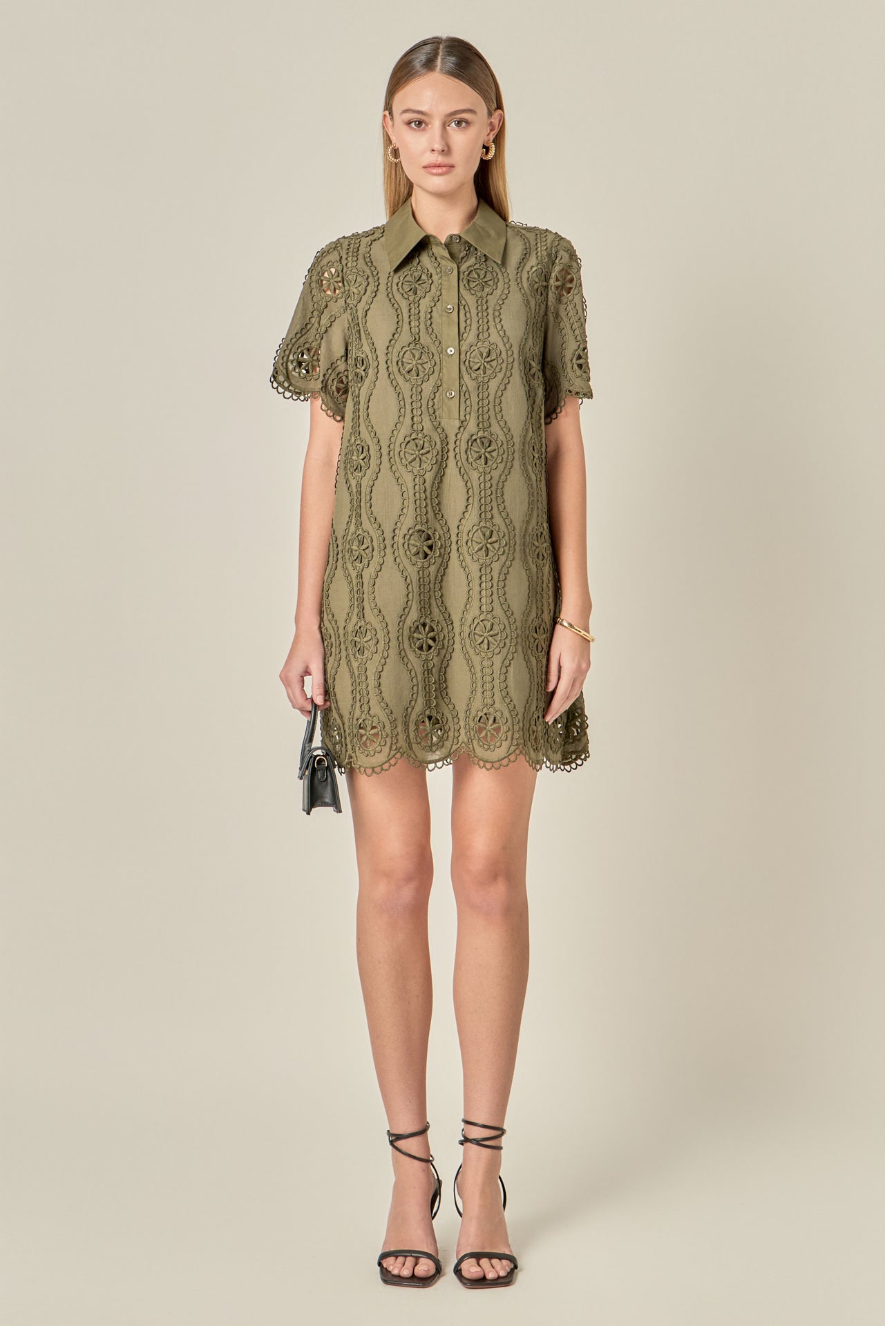 ENGLISH FACTORY - Scallop Embroidered Cotton Mini Shirt Dress - DRESSES available at Objectrare