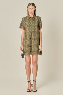 ENGLISH FACTORY - Scallop Embroidered Cotton Mini Shirt Dress - DRESSES available at Objectrare