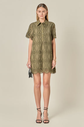 ENGLISH FACTORY - Scallop Embroidered Cotton Mini Shirt Dress - DRESSES available at Objectrare