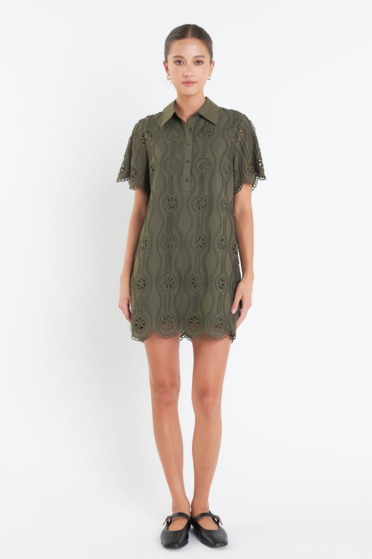 Scallop Embroidered Cotton Mini Shirt Dress