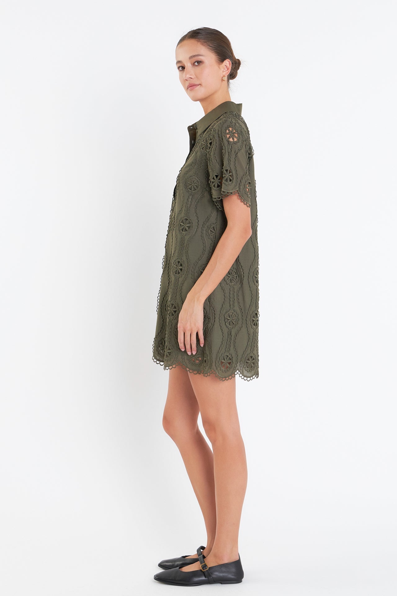 Scallop Embroidered Cotton Mini Shirt Dress