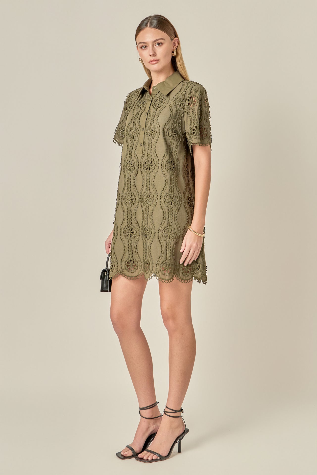 ENGLISH FACTORY - Scallop Embroidered Cotton Mini Shirt Dress - DRESSES available at Objectrare