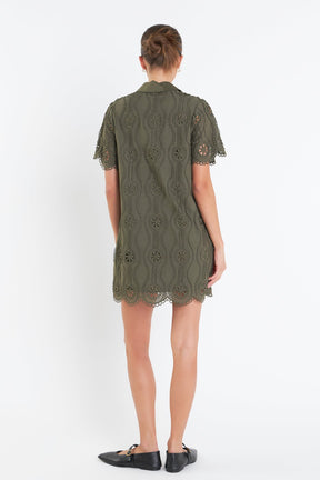 Scallop Embroidered Cotton Mini Shirt Dress