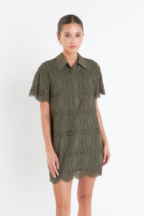 Scallop Embroidered Cotton Mini Shirt Dress
