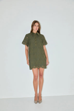 ENGLISH FACTORY - Scallop Embroidered Cotton Mini Shirt Dress - DRESSES available at Objectrare