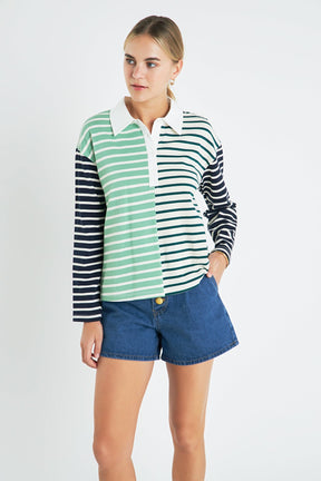 Knit Stripe Color Block Polo Sleeves Top