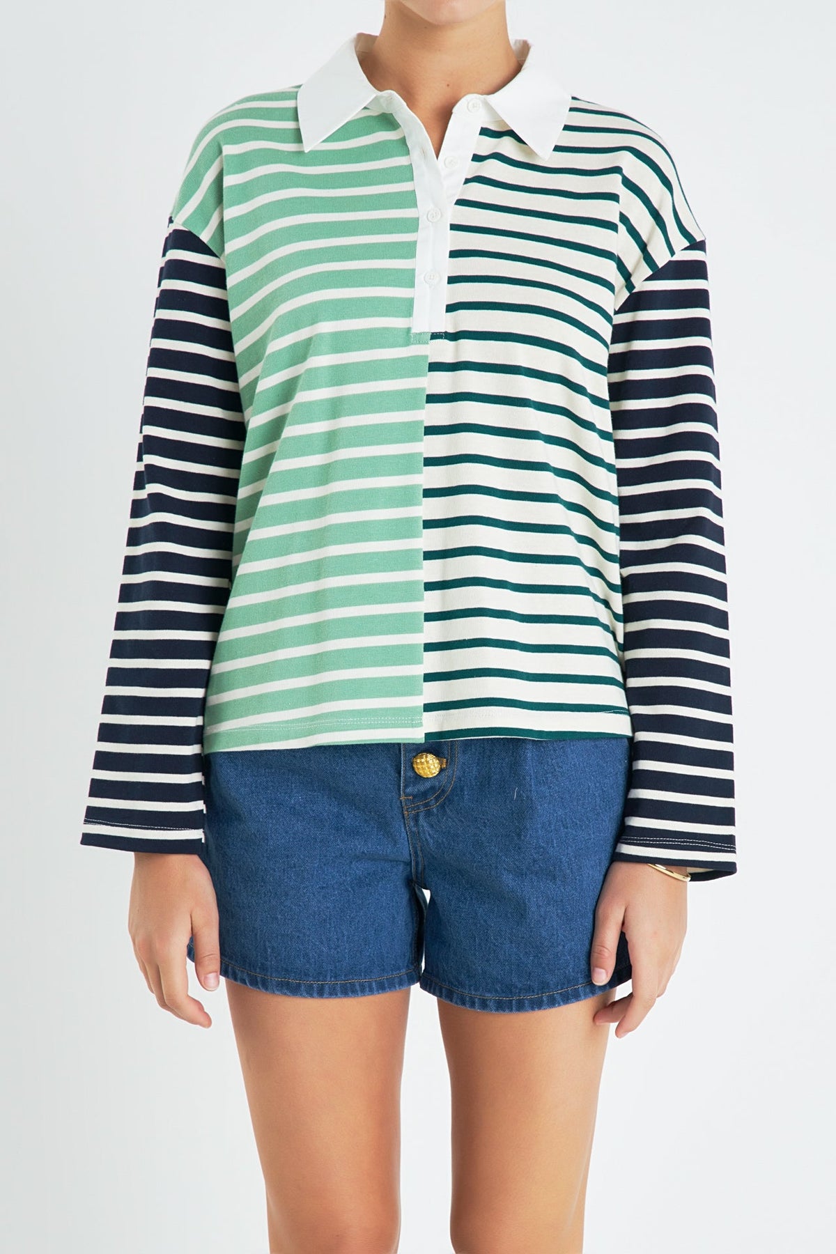 Knit Stripe Color Block Polo Sleeves Top