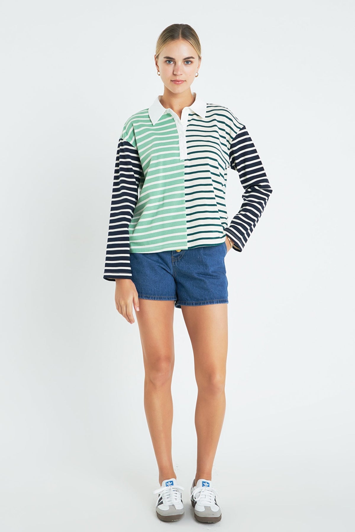 Knit Stripe Color Block Polo Sleeves Top