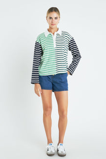 Knit Stripe Color Block Polo Sleeves Top