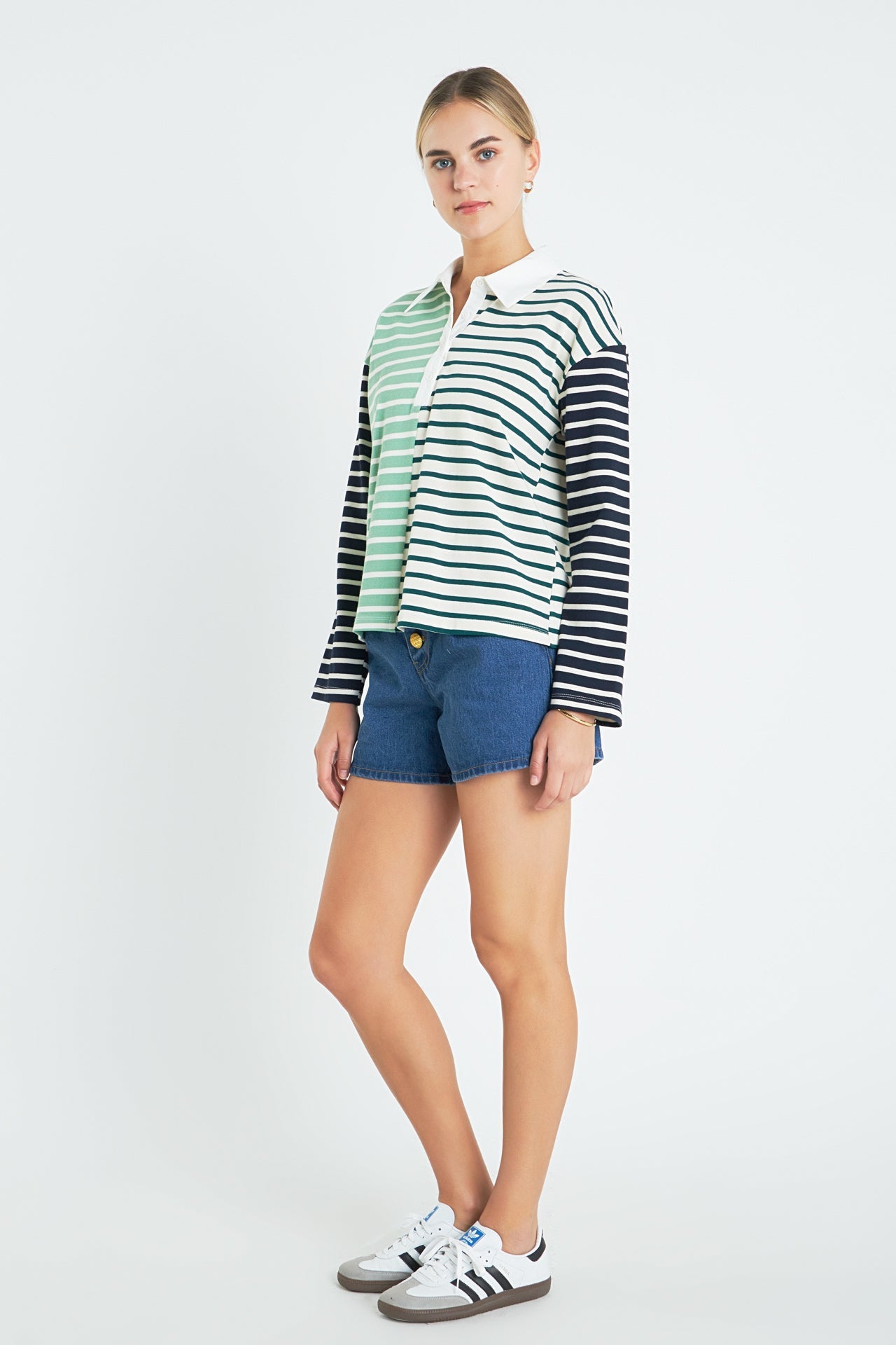 Knit Stripe Color Block Polo Sleeves Top