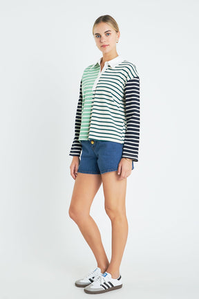 Knit Stripe Color Block Polo Sleeves Top