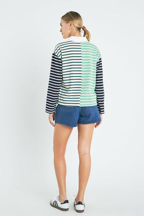 Knit Stripe Color Block Polo Sleeves Top
