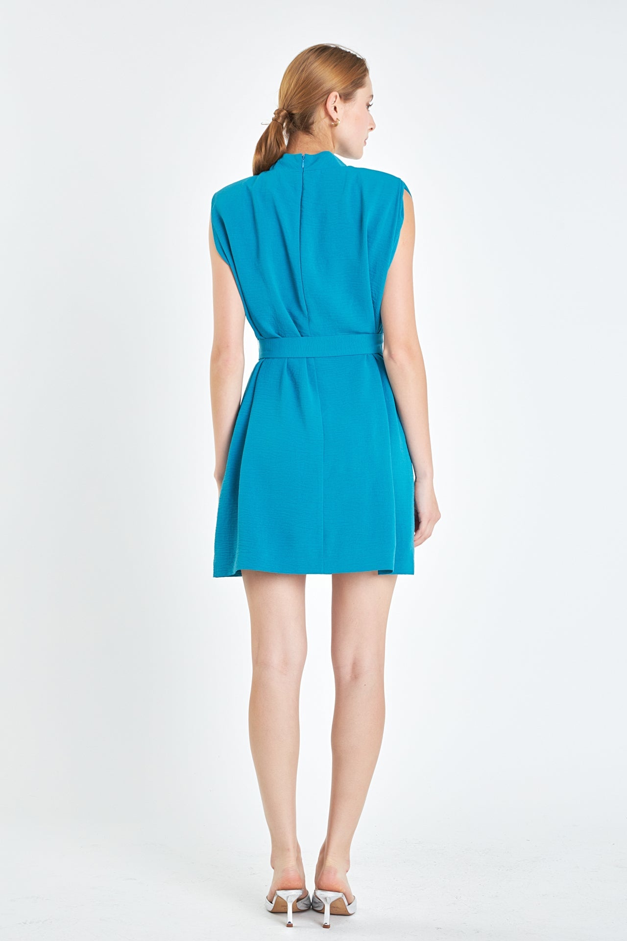 Sleveless Shoulder Pad Shift Dress with Tie