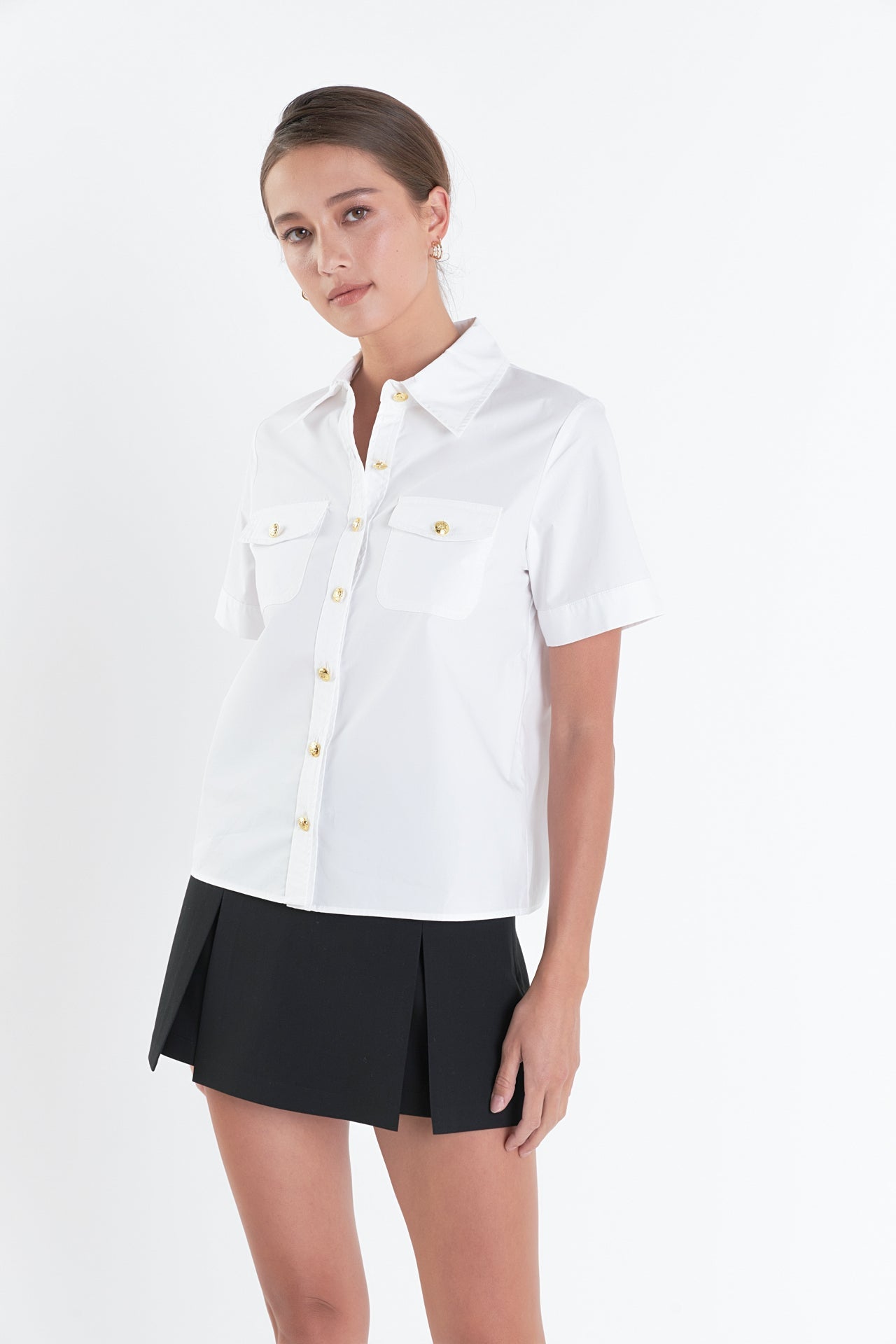 ENGLISH FACTORY - English Factory - Poplin Short Sleeve Shirt with Gold Buttons - SHIRTS & BLOUSES available at Objectrare