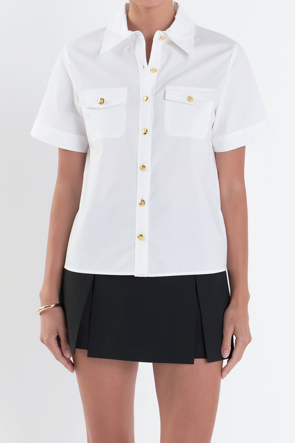 Poplin Short Sleeve Shirt with Gold Buttons
